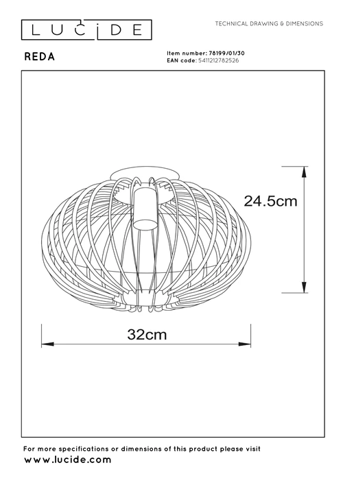 Lucide REDA - Plafonnière - Ø 32 cm - 1xE27 - Zwart - technisch